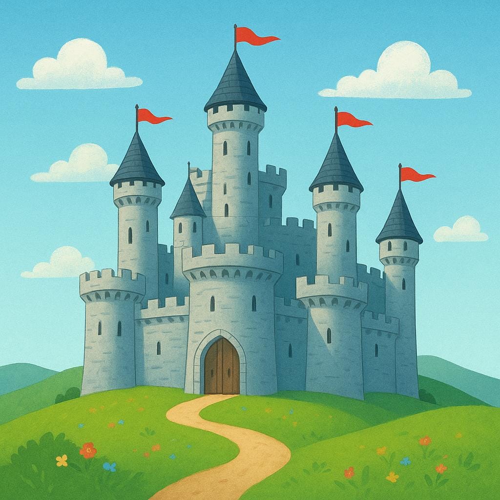 A large, grey stone castle with high crenellated walls and several cylindrical towers, standing prominently on a green hill under a bright sky.