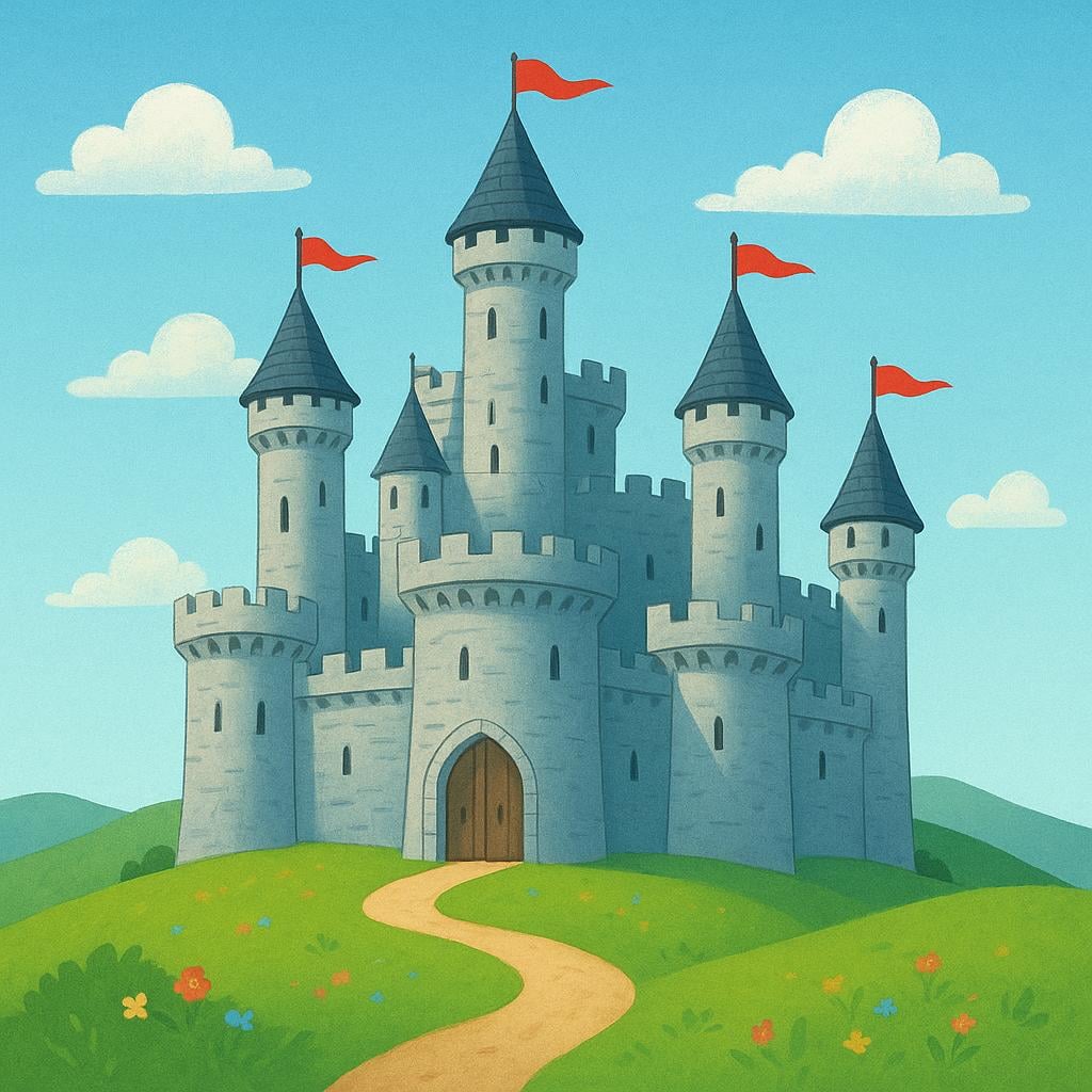 A large, grey stone castle with high crenellated walls and several cylindrical towers, standing prominently on a green hill under a bright sky.