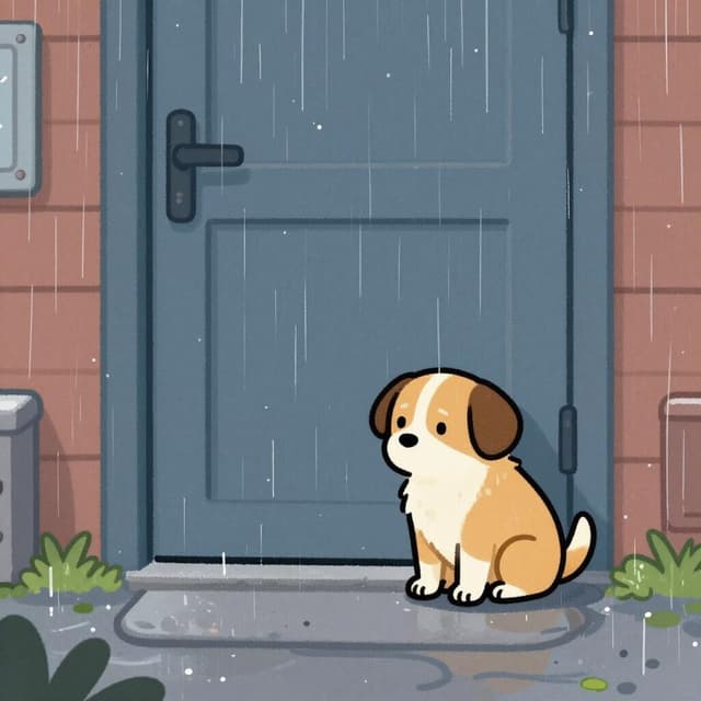 Un chien triste et seul assis dehors sous la pluie tandis qu'une porte reste fermée.