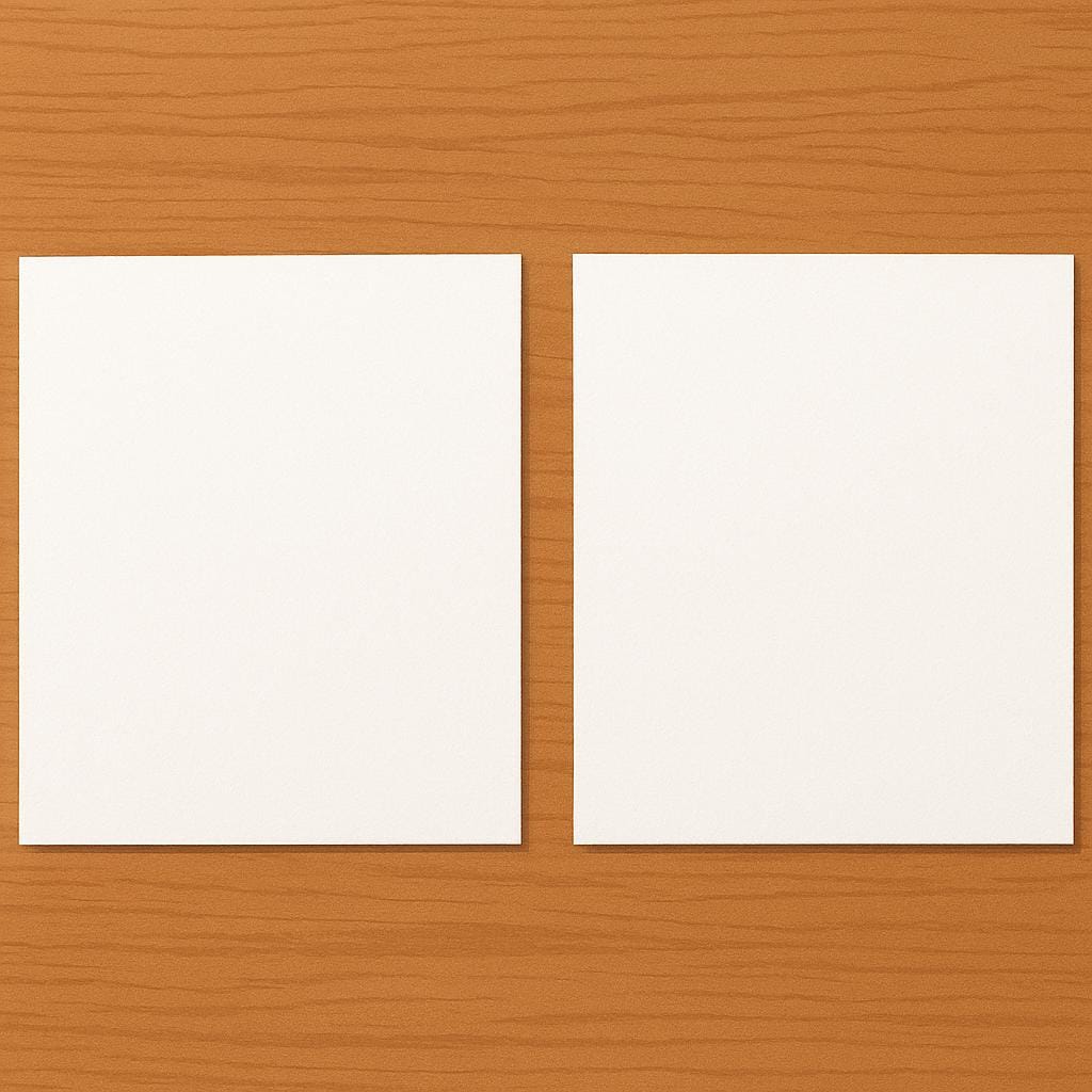 Two identical, plain sheets of paper lying side-by-side on a simple surface, representing a duplicate or copy.
