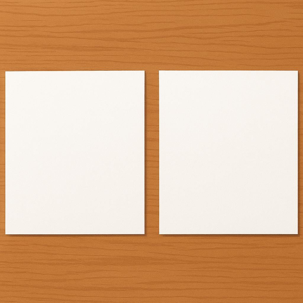 Two identical, plain sheets of paper lying side-by-side on a simple surface, representing a duplicate or copy.