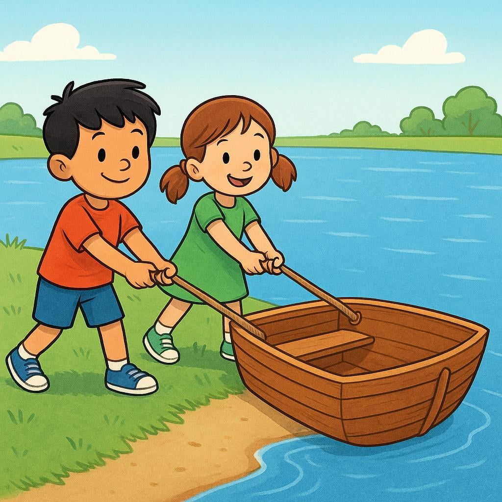 Two cartoon children standing on a riverbank, happily pulling a sturdy wooden boat toward them, symbolizing that they now have the ability (they could) cross the river.