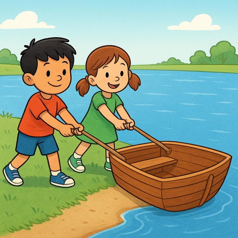 Two cartoon children standing on a riverbank, happily pulling a sturdy wooden boat toward them, symbolizing that they now have the ability (they could) cross the river.