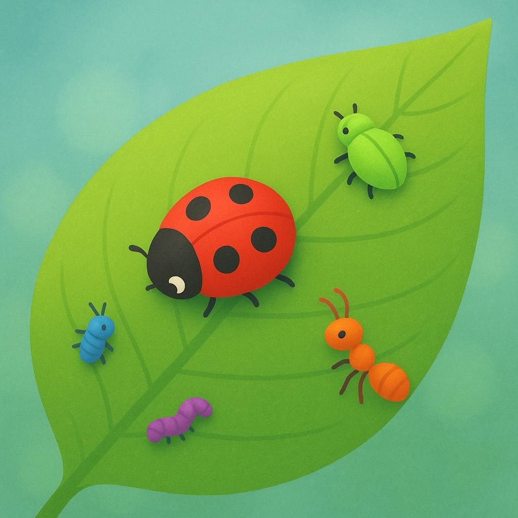 A collection of colorful insects like a ladybug, a beetle, and a butterfly on a green leaf.