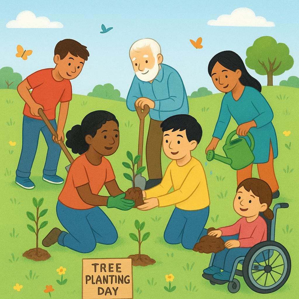 A group of people planting small trees together in a park.