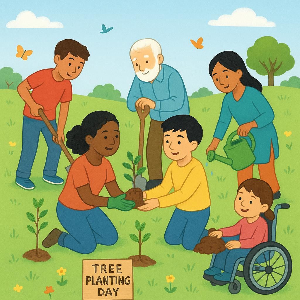 A group of people planting small trees together in a park.