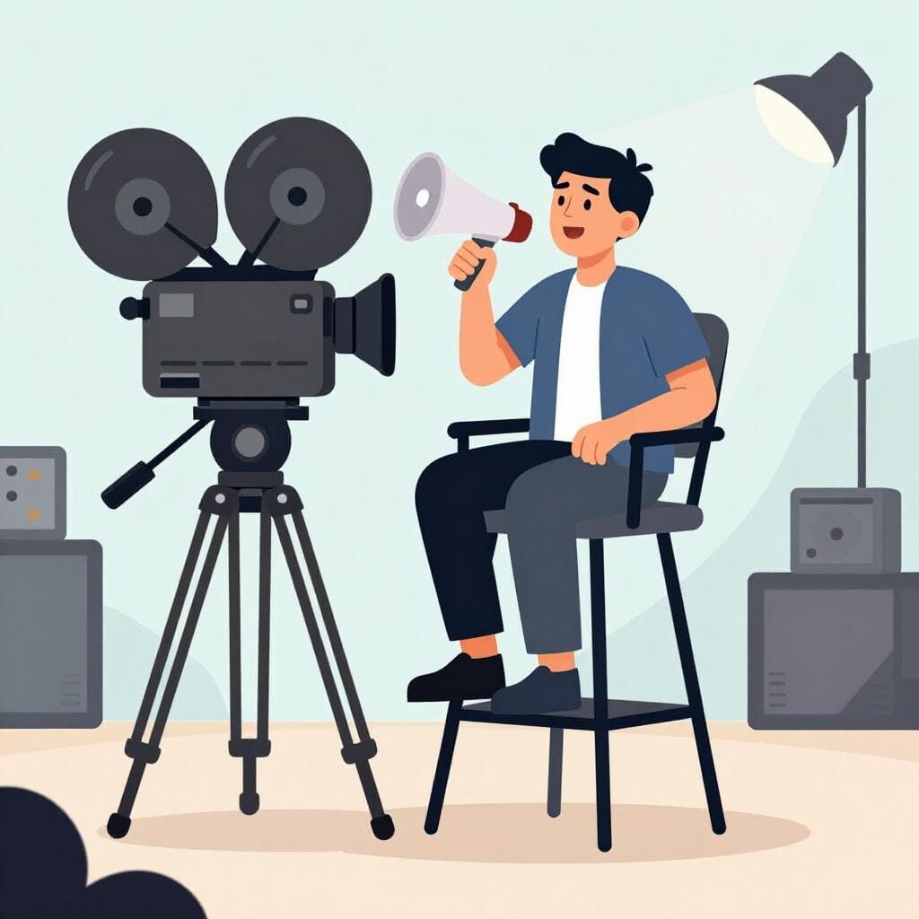 Une personne assise sur une chaise haute sur un plateau de tournage, tenant un mégaphone et regardant une grande caméra.