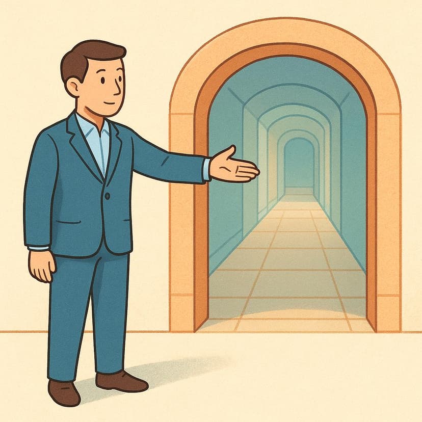 A formally dressed individual standing at the entrance of a hallway, clearly using an open hand gesture to direct another person to continue walking forward along the path.