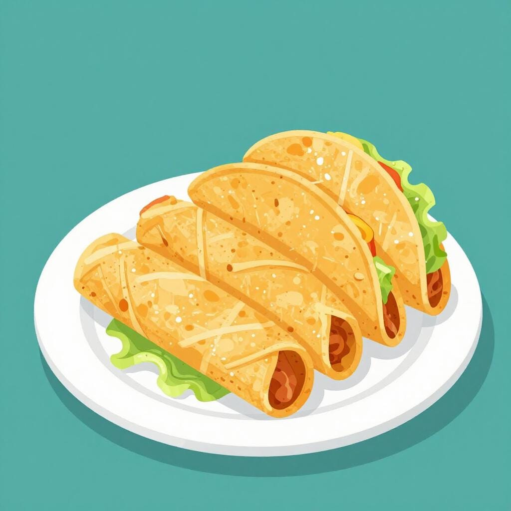 A plate of three long, crispy rolled tacos topped with lettuce and cream.