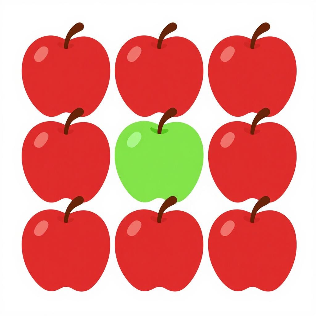 A row of several red apples with one bright green apple in the middle.