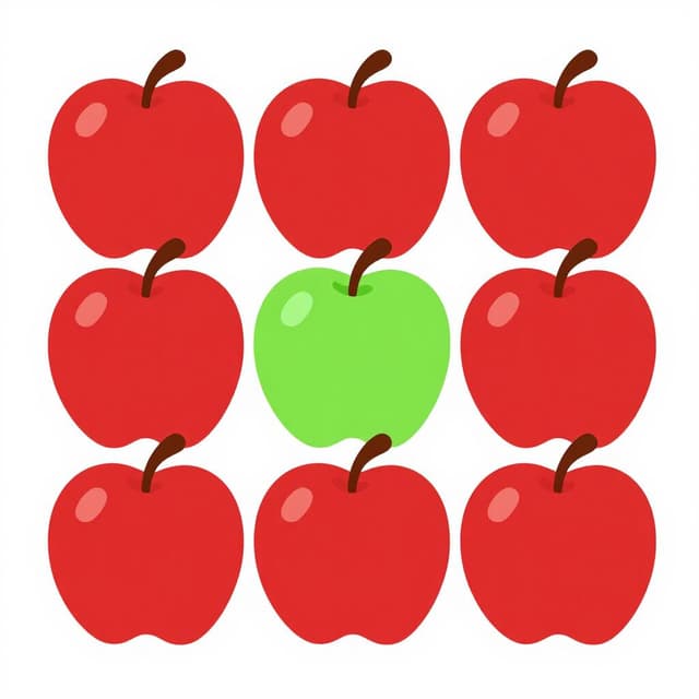 A row of several red apples with one bright green apple in the middle.