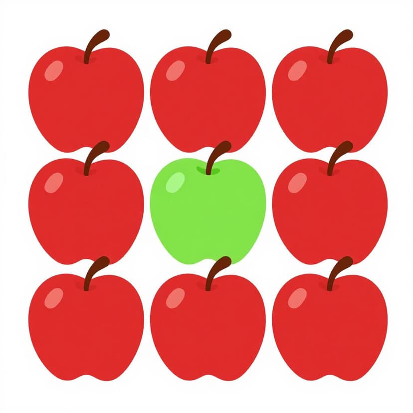 Een rij van verschillende rode appels met één felgroene appel in het midden.