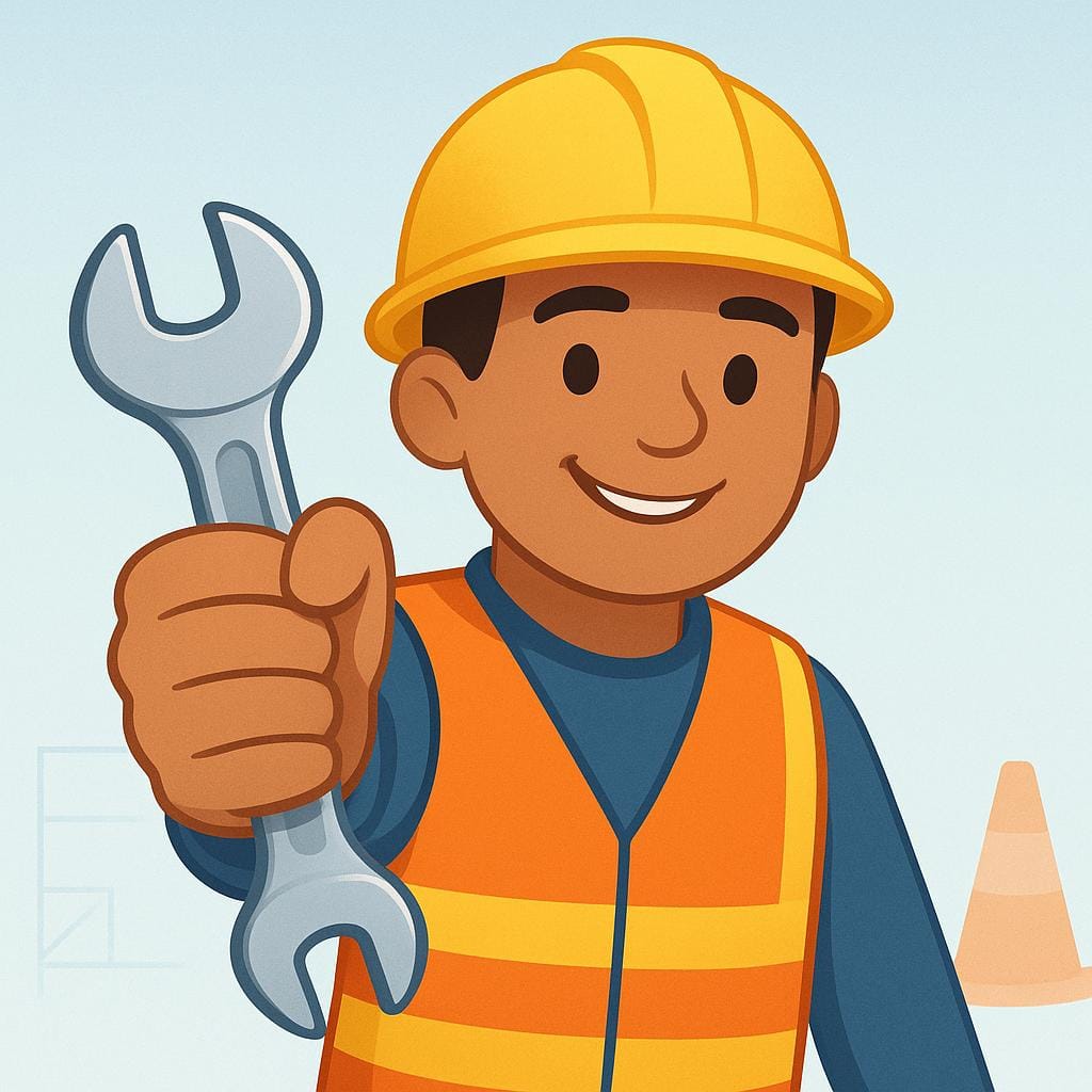 A friendly construction worker wearing a hard hat smiles while extending a large silver wrench towards someone off-frame, illustrating the concept of providing a tool.
