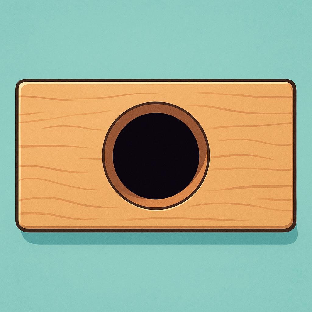 A circular hole punched through a piece of smooth brown wooden surface, showing darkness inside.