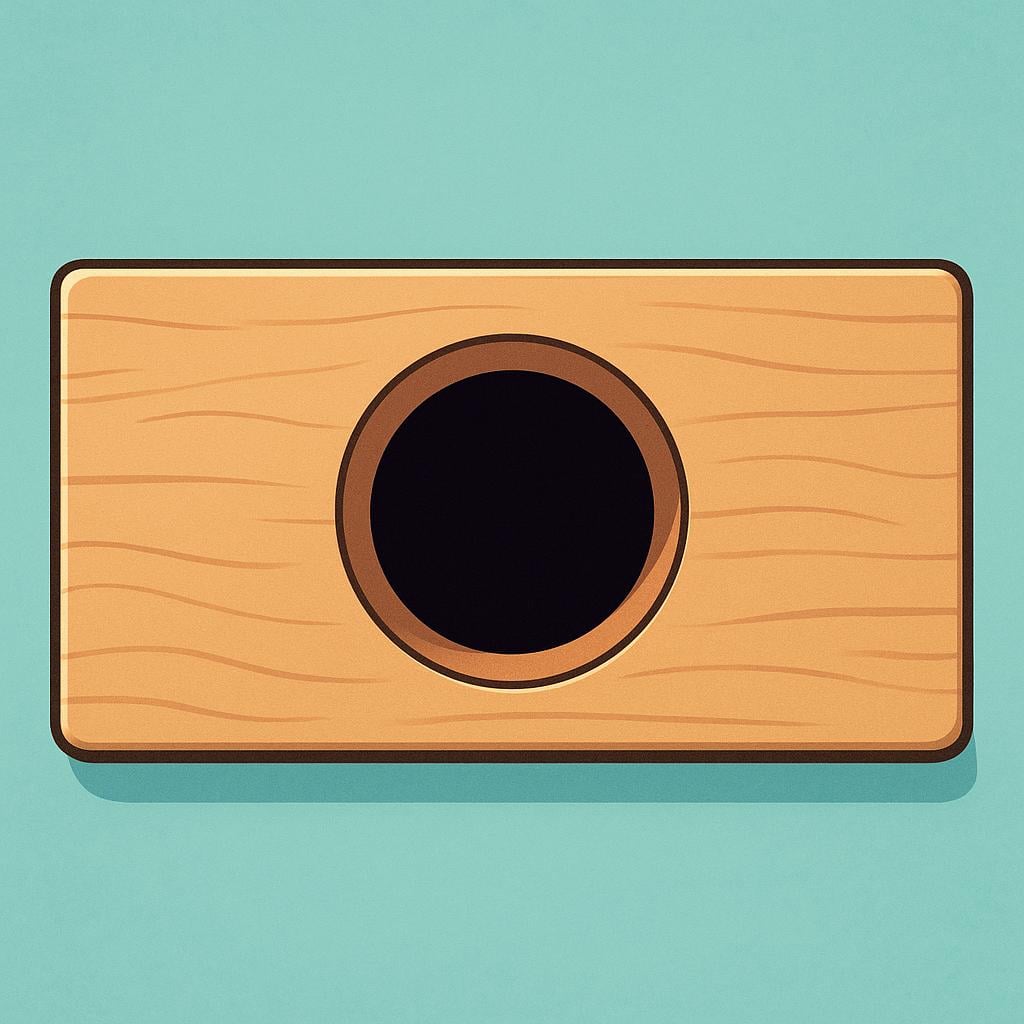A circular hole punched through a piece of smooth brown wooden surface, showing darkness inside.