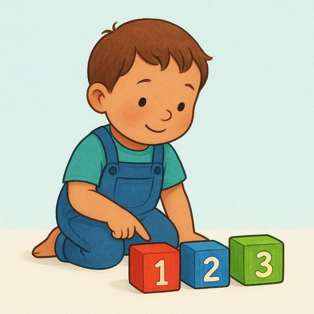 A simple storybook illustration of a child sitting down and pointing to small wooden blocks arranged in a line, performing the action of counting.