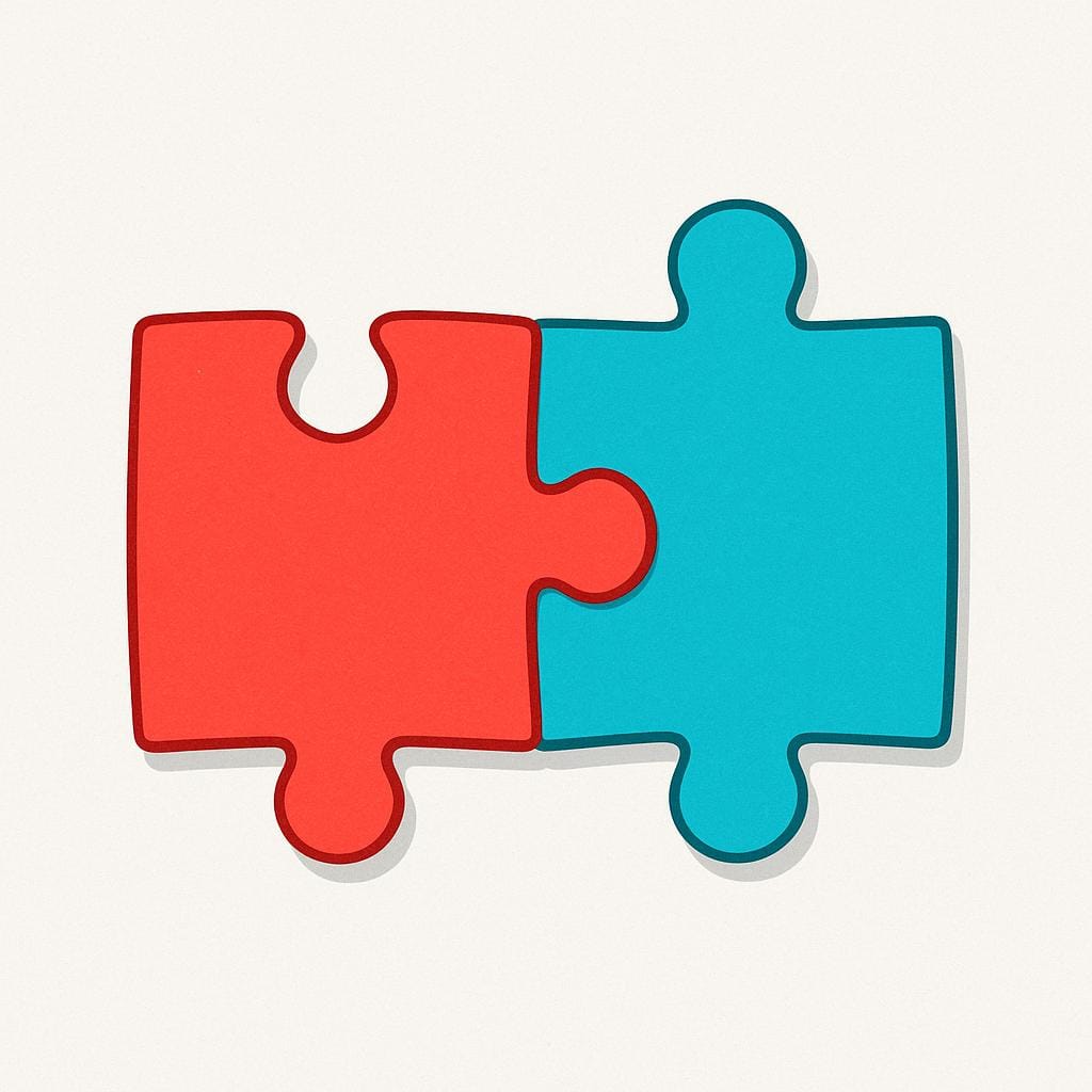 Duas peças de quebra-cabeça de cores vivas se encaixando perfeitamente para formar uma conexão sólida.