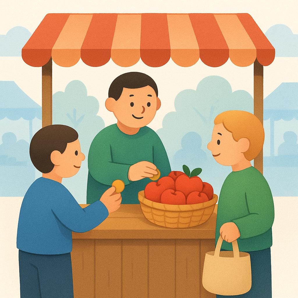 Two simple figures stand at a colorful market stall, handing a coin to a vendor in exchange for a basket of fresh apples.