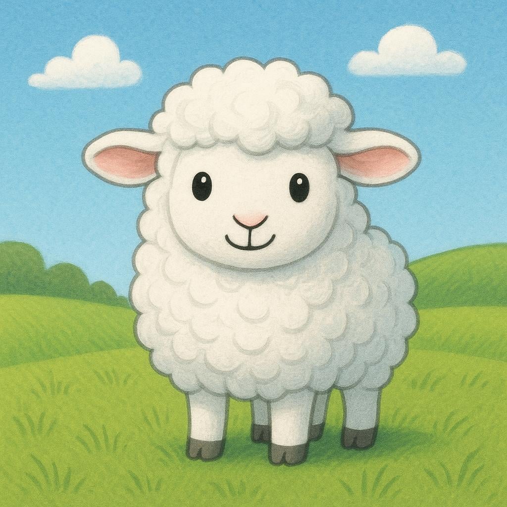 A fluffy white sheep standing prominently in a bright green field under a clear blue sky.
