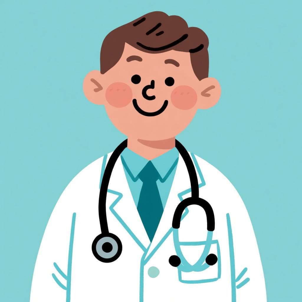 Um médico sorridente e amigável, vestindo um jaleco branco e com um estetoscópio ao redor do pescoço, transmitindo tranquilidade.