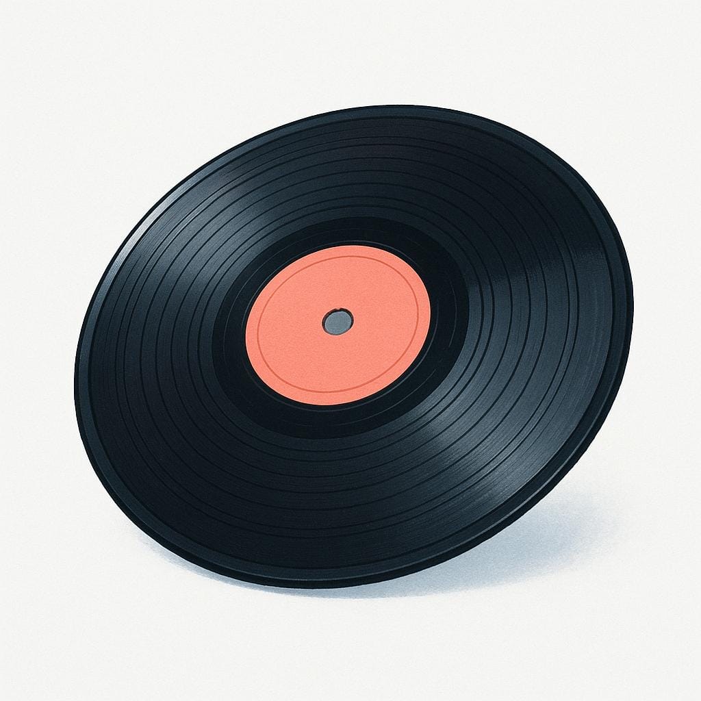 A glossy black vinyl record disc with visible grooves.