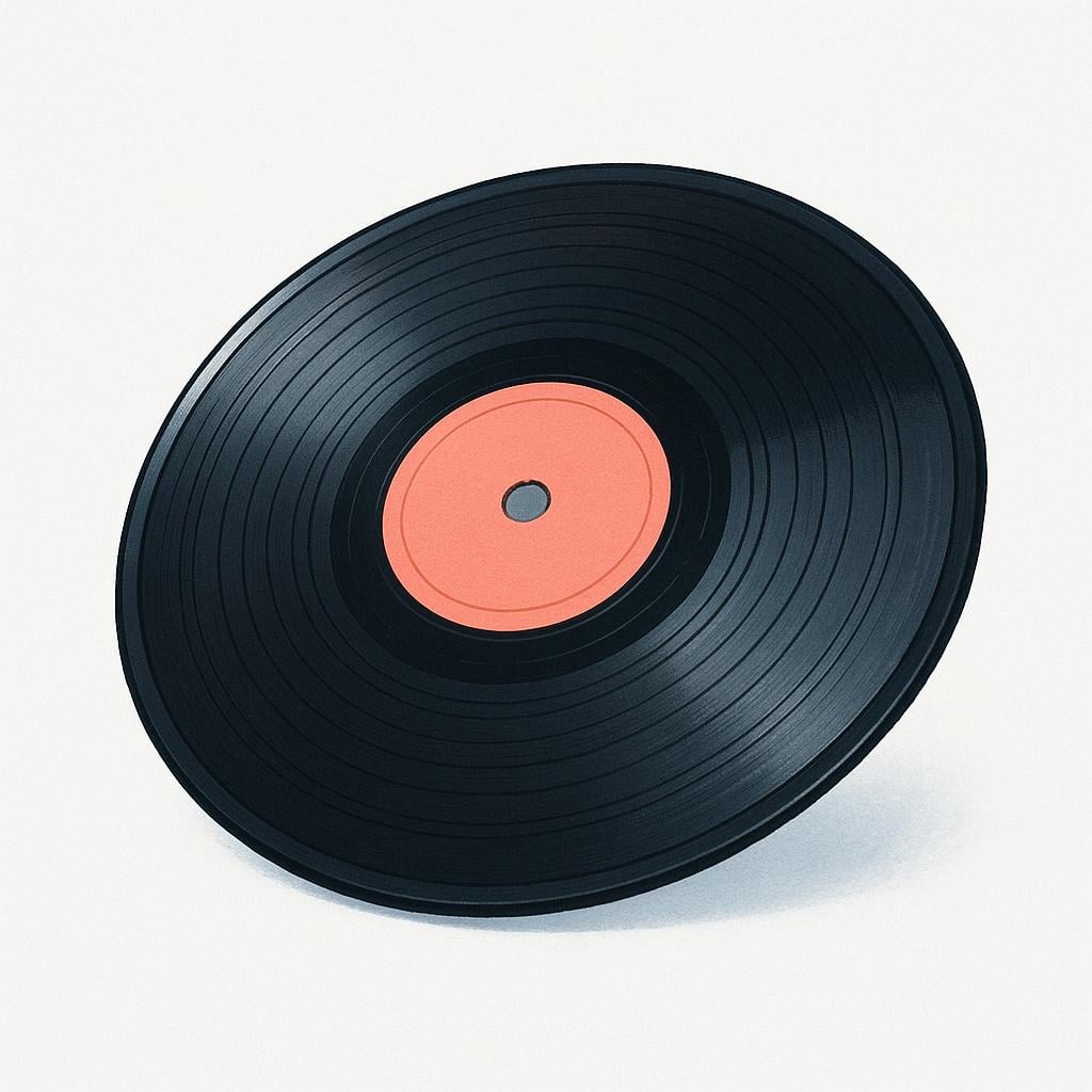 A glossy black vinyl record disc with visible grooves.