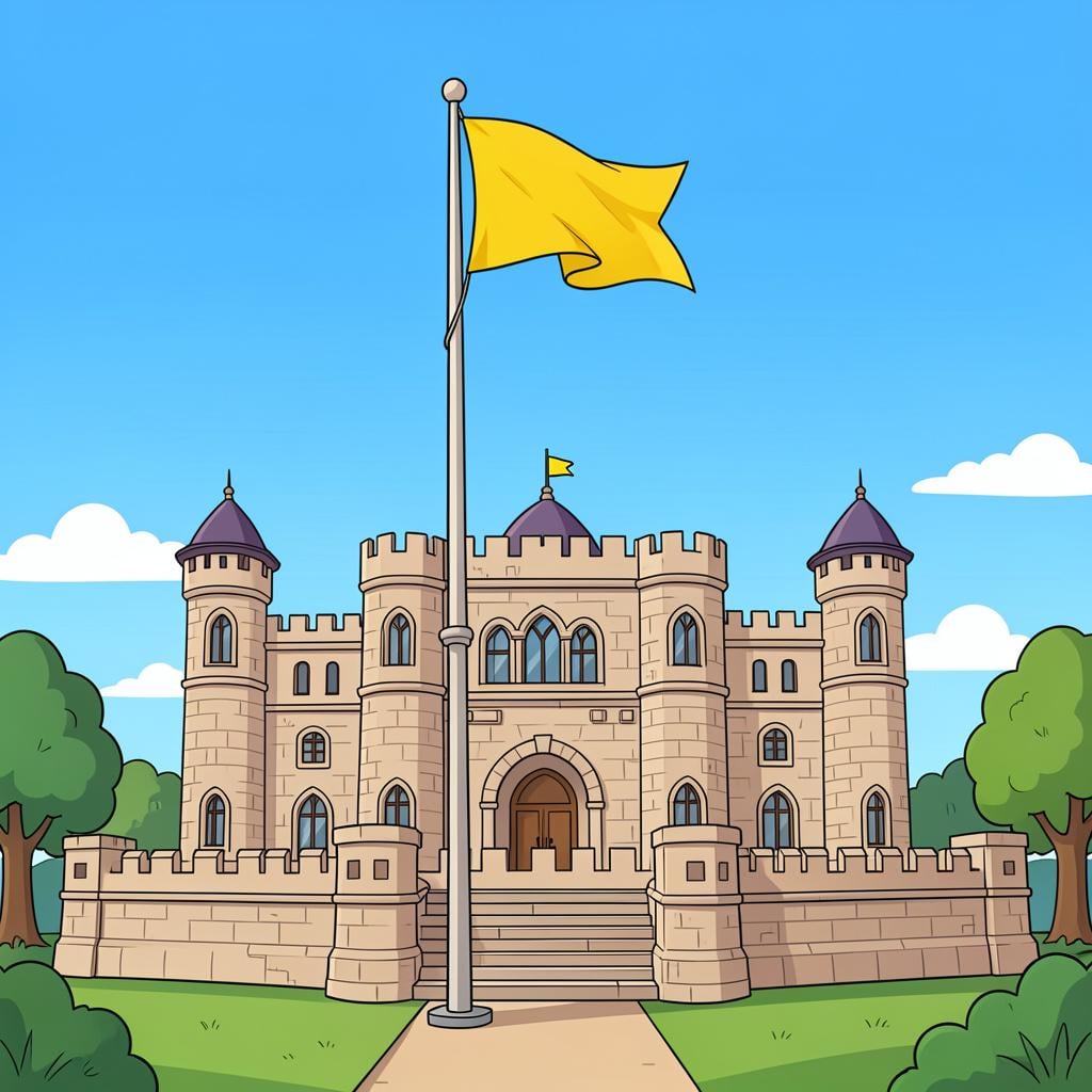 A silhouette of a grand palace with a large flag flying on top, representing a seat of power.