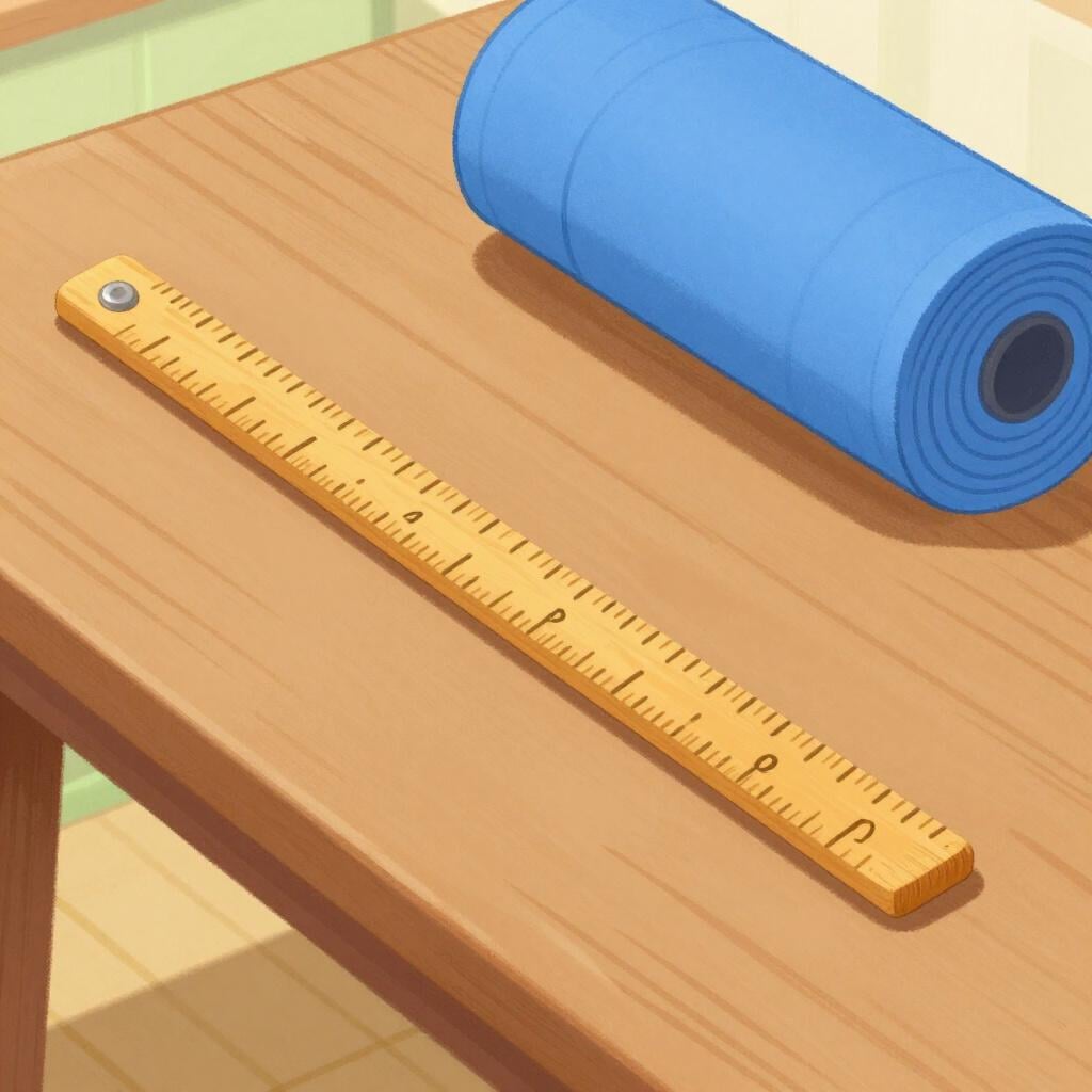 A long wooden measuring stick resting on a tailor's table next to a roll of fabric.