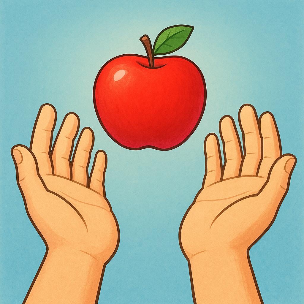 Two open hands reaching forward, cupped and ready to accept a bright red apple being placed into them.