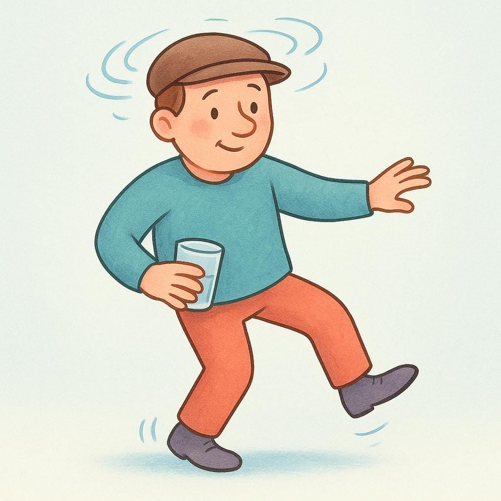 A storybook illustration of a cheerful man stumbling awkwardly, his hat tilted, while attempting to walk down a path, showing signs of intoxication.
