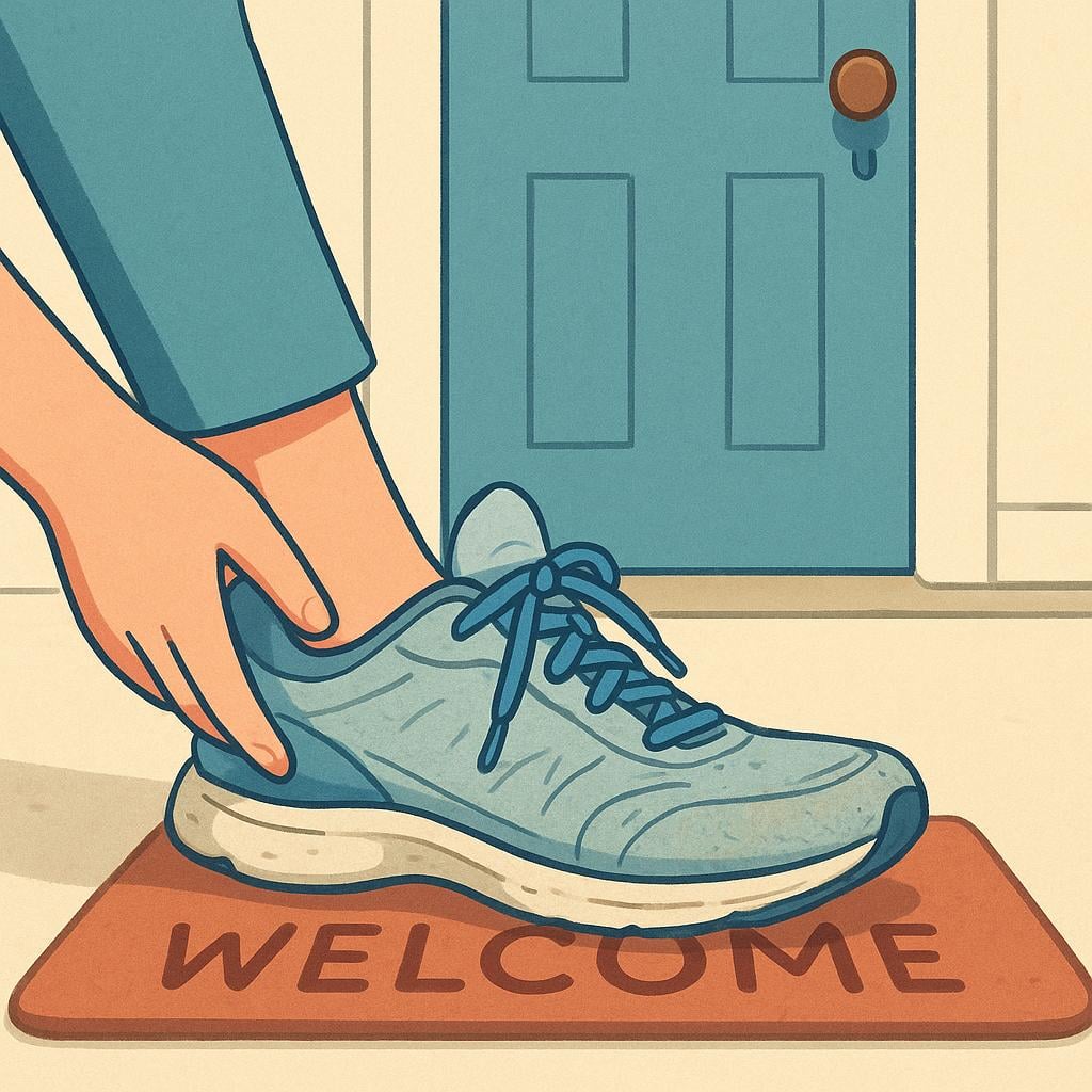 A young person easily slipping their foot into a well-worn running shoe next to a closed front door, illustrating a daily exercise habit.