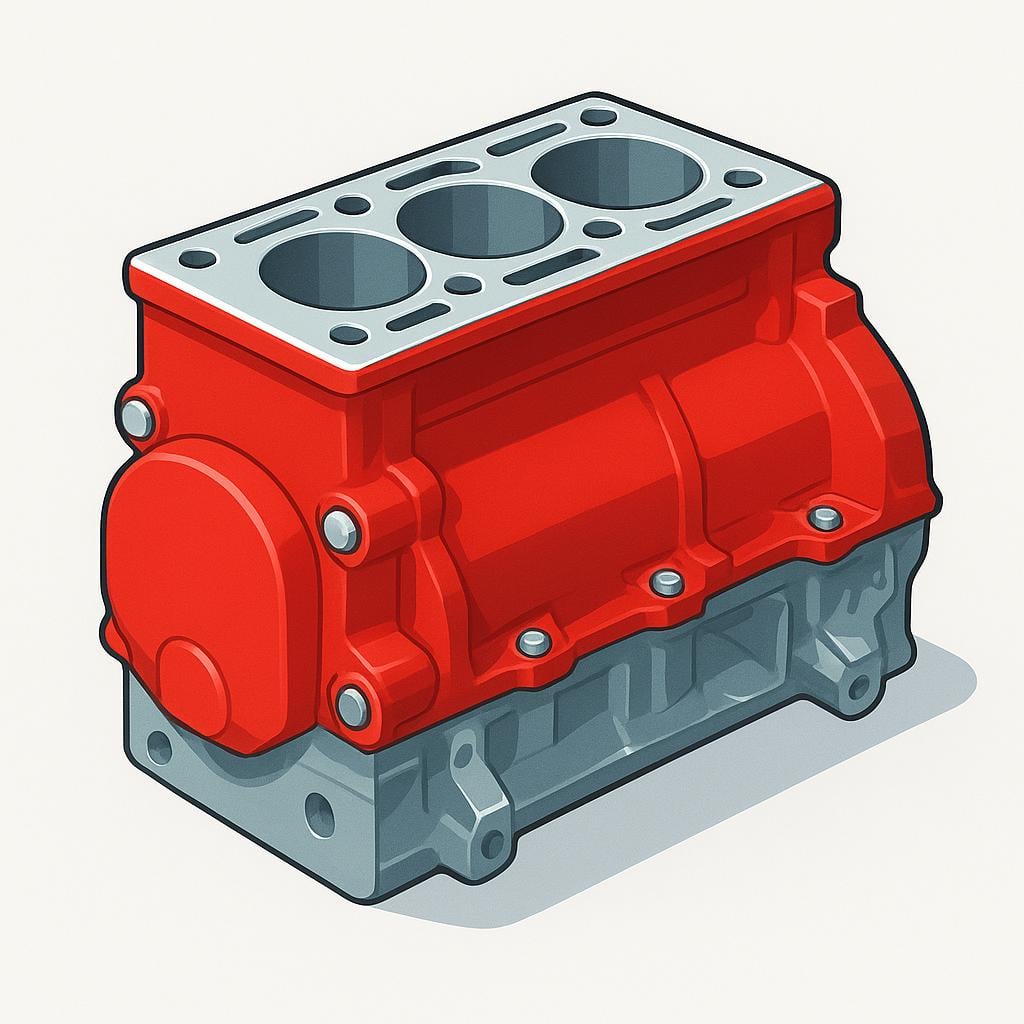 A simplified, stylized vehicle engine block with pipes and pistons visible, depicted brightly.