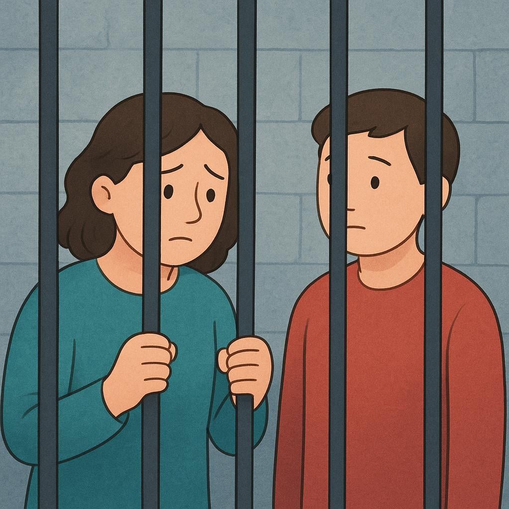 A high quality storybook illustration of people behind iron bars in a stone room.