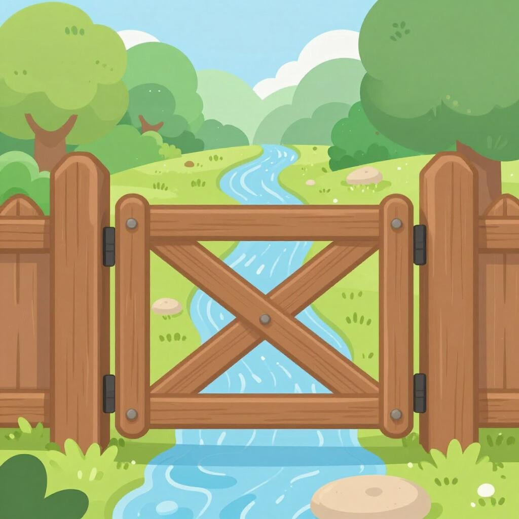 A wooden gate or fence blocking a path to stop a rushing stream of water.