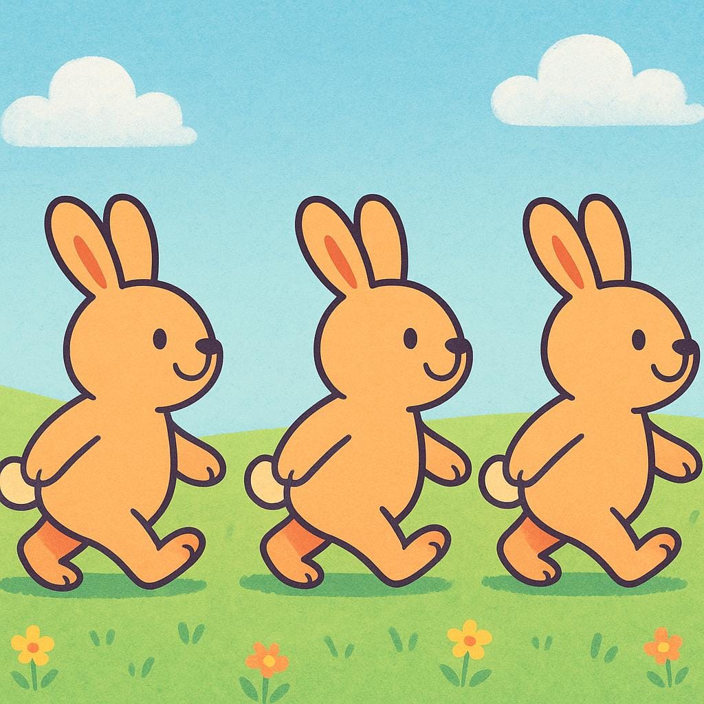 A series of three identical, colorful cartoon rabbits walking in a straight line, one immediately following the other, illustrating sequence.