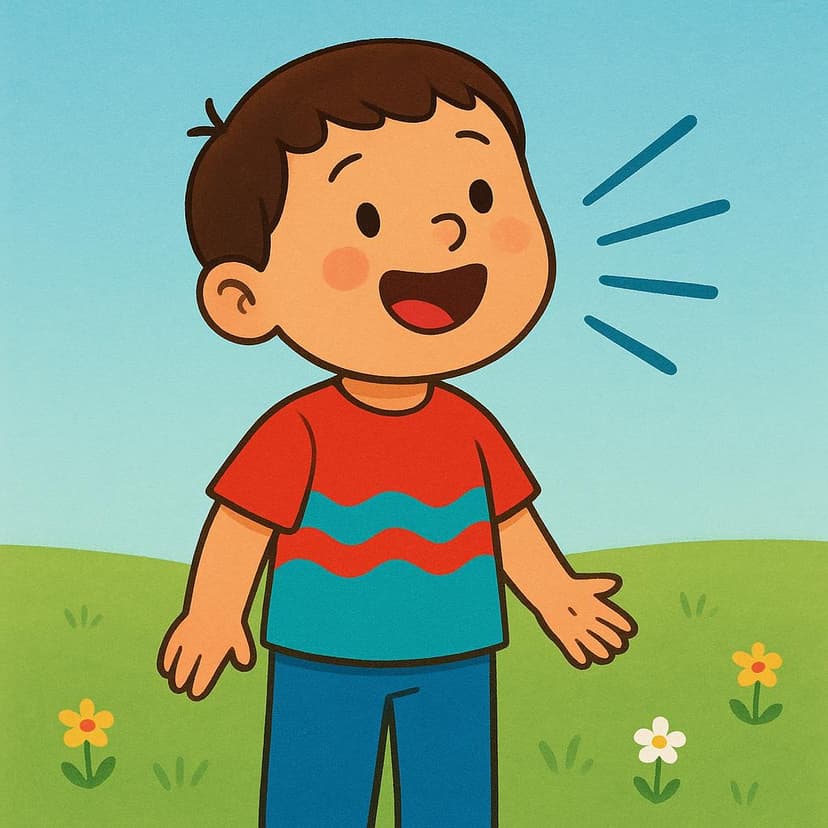 A colorful storybook illustration of a smiling child standing outdoors, actively talking with their mouth open, with simple graphic lines indicating the sound of speech moving away from them.
