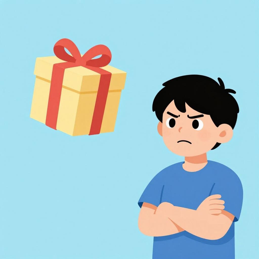 A person standing with their arms crossed, looking suspiciously at a gift box held by an invisible hand.