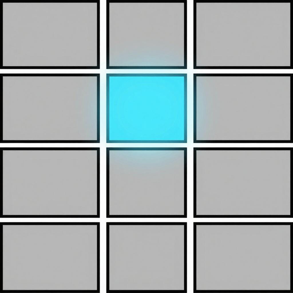 A single glowing rectangle highlighted within a grid of empty boxes.