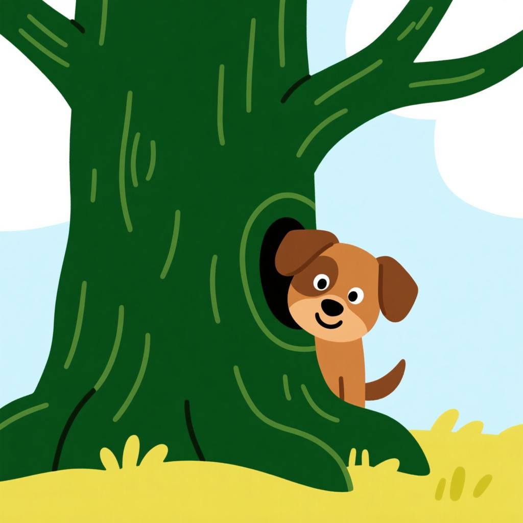 A small friendly brown dog is peeking out from behind the trunk of a large green oak tree, illustrating the concept of 'behind.'