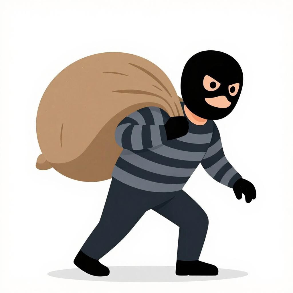 Une personne portant un masque sombre et un pull rayé, emportant un lourd sac.