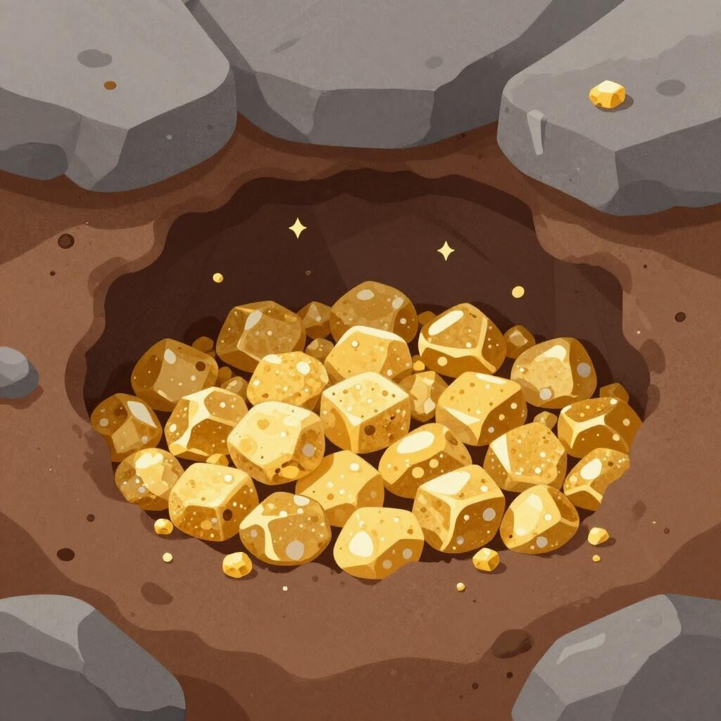 A cross-section of the earth showing a large, glowing pocket of gold nuggets and crystals buried underground.