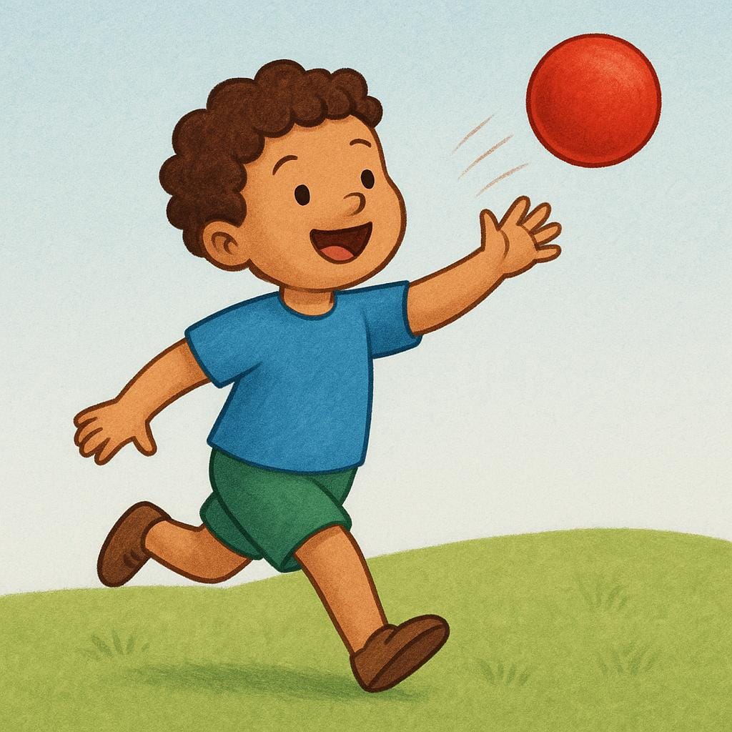 A young child standing outdoors, having just thrown a bright red ball that is now flying through the air.