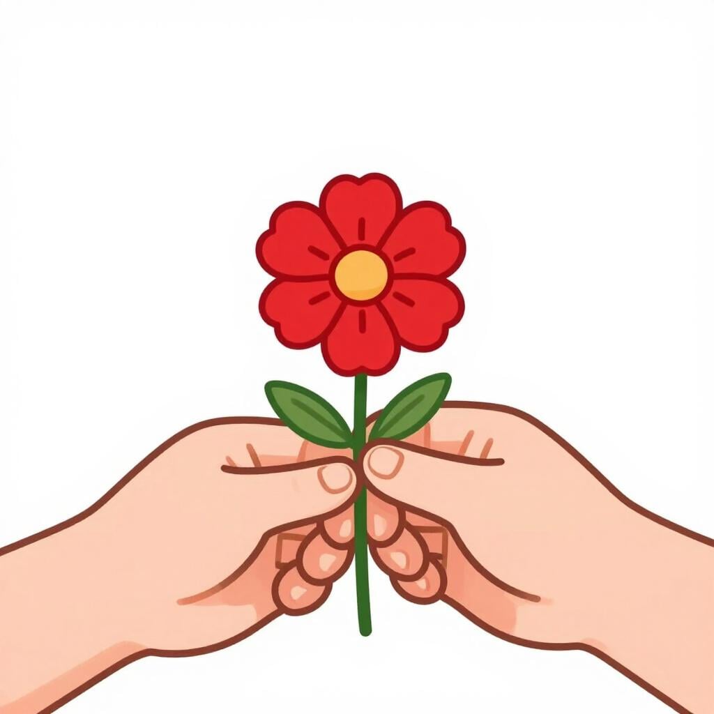 A simple illustration showing two hands gently exchanging a single red flower, symbolizing thanks or gratitude.