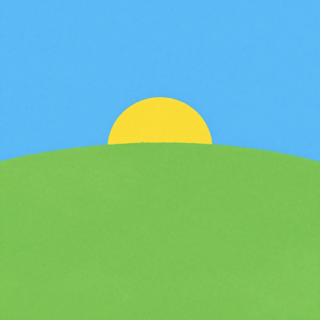 Un sole giallo brillante che inizia appena a sorgere dal bordo di una collina verde.