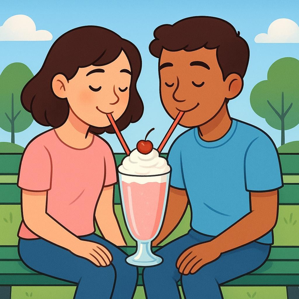A young man and a young woman sitting close together on a park bench, sharing a milkshake with two straws, symbolizing a romantic date.