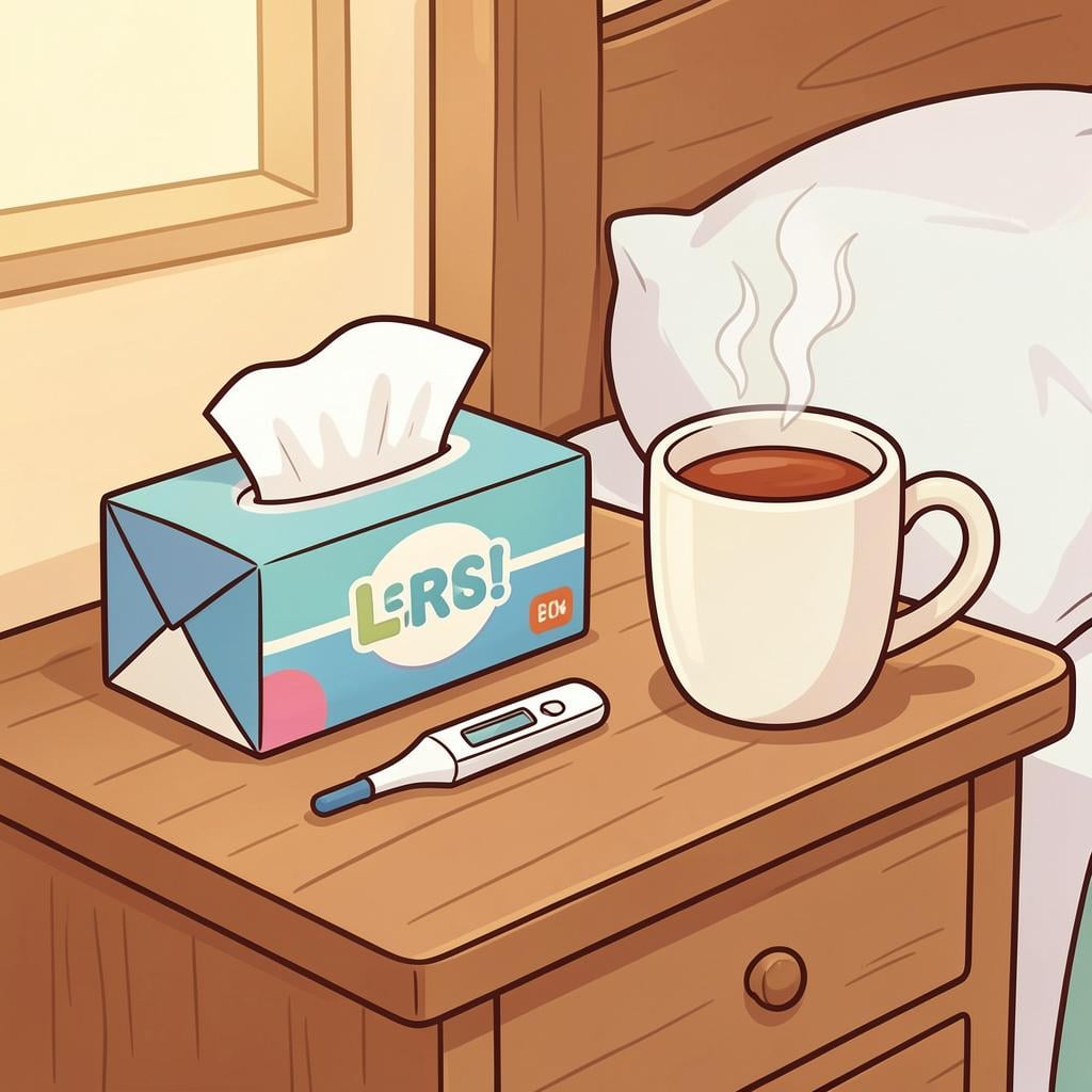 A box of tissues, a thermometer, and a mug of hot tea on a small table.