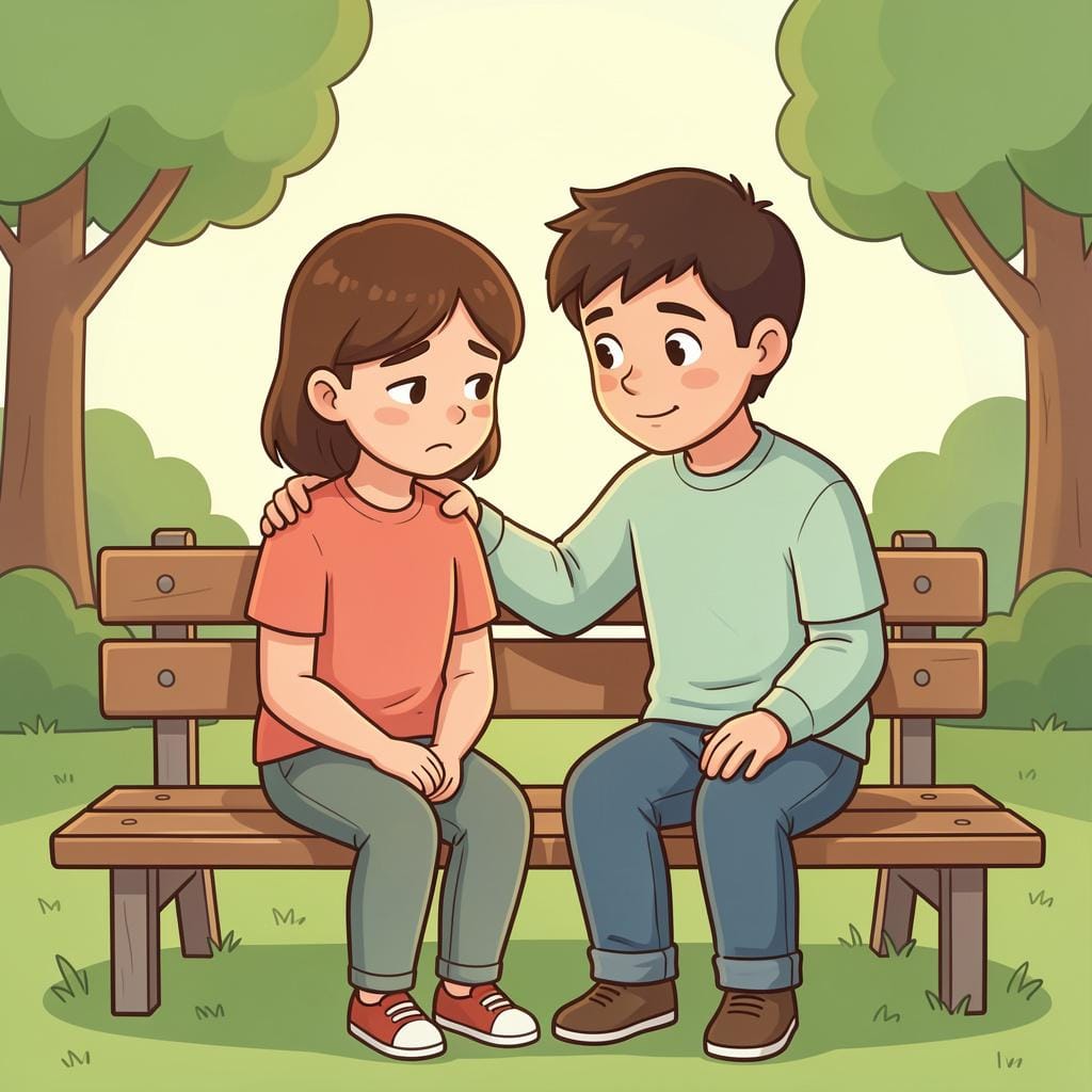 شخصان يجلسان على مقعد، يضع أحدهما بلطف يدًا على كتف الآخر في لفتة دعم.