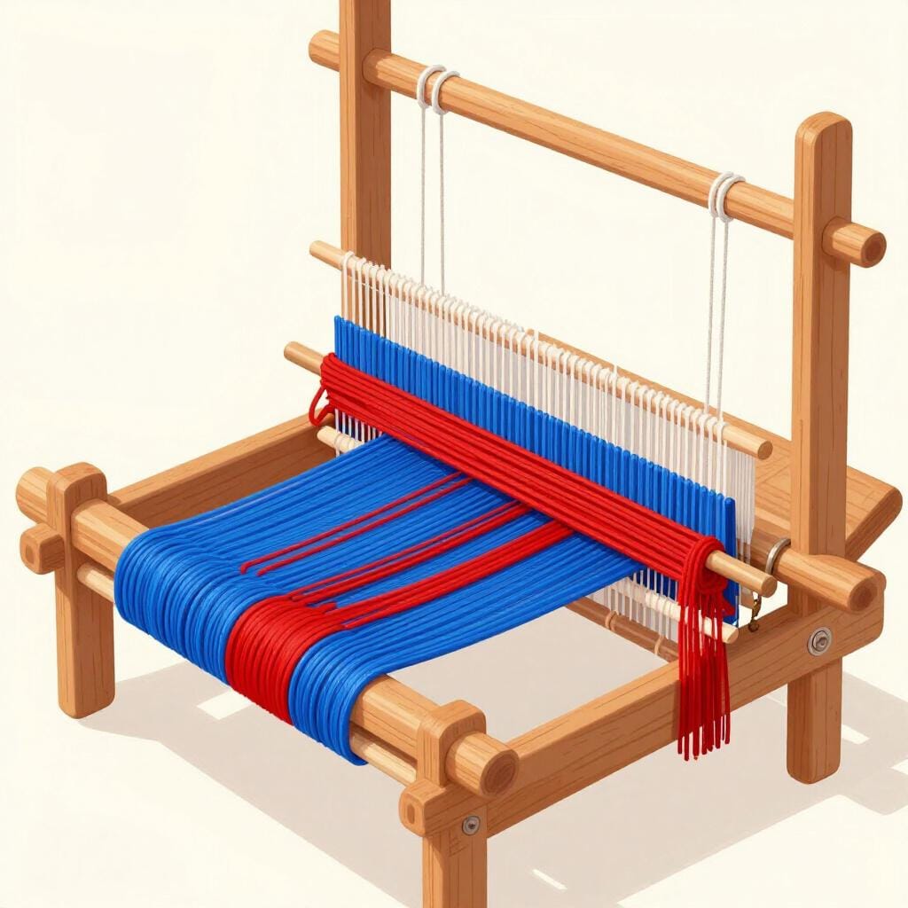 Colorful threads being interlaced on a wooden loom to create a piece of fabric.