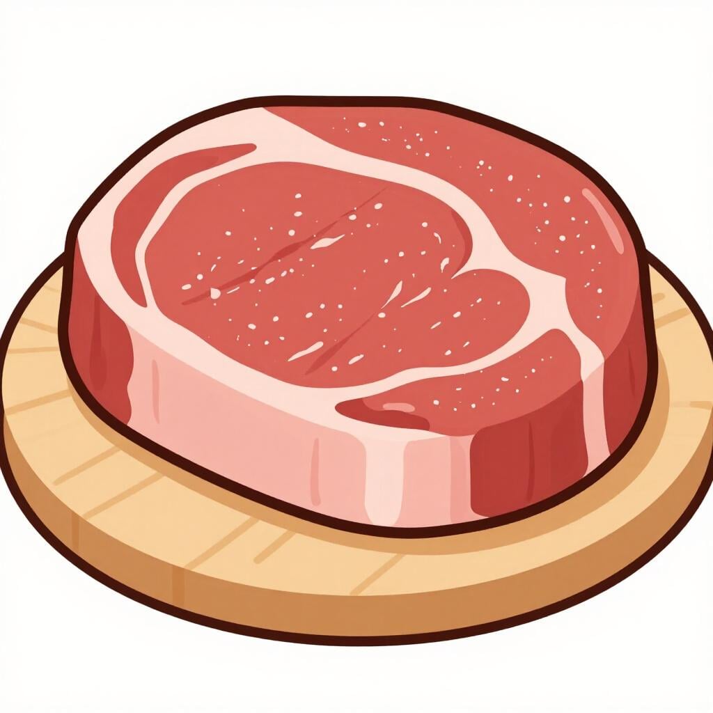 A raw circular cut of beef on a wooden cutting board.