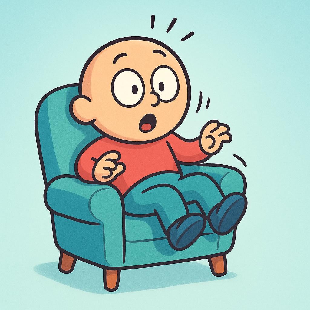A stylized cartoon character sitting on a simple wooden chair, visibly startled. Their eyes are wide open, and their entire body posture suggests a sudden, strong shock or jolt.